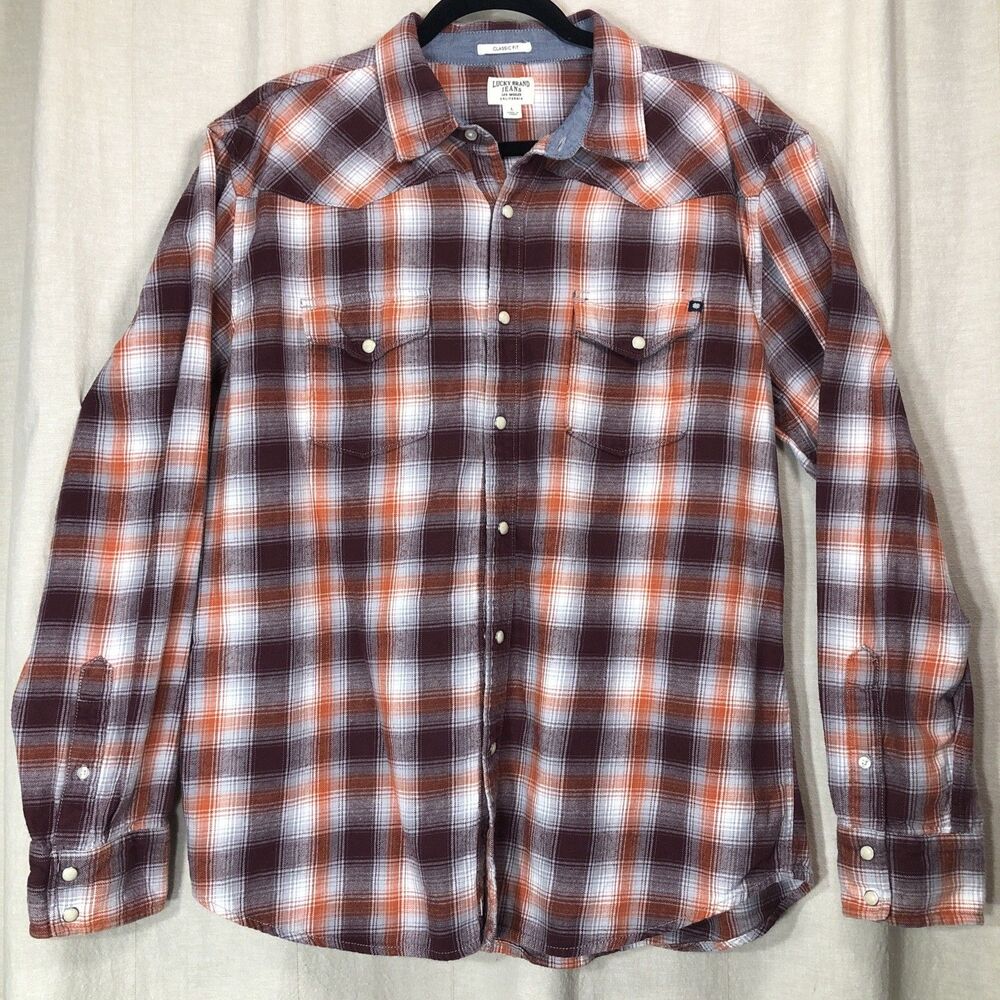 Lucky Brand Jeans Mens Lg Flannel Shirt Pearl Snap Plaid Classic Fit Long Sleeve